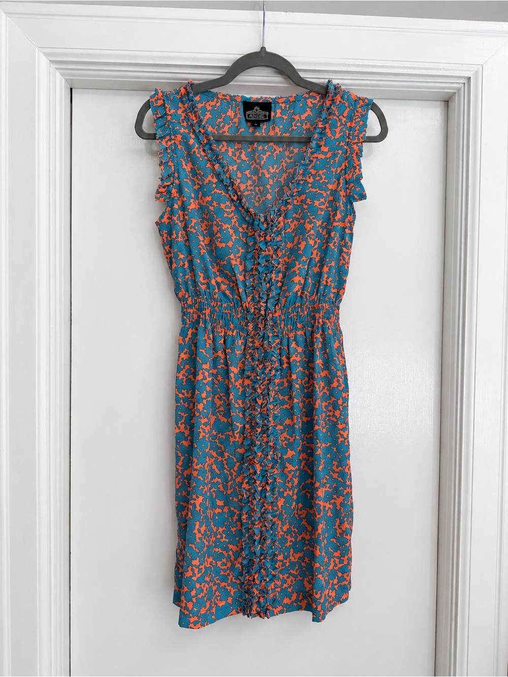 Angie Blue and Orange Floral Ruffle-Front Sundress, Size M